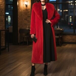🔥 WFFS Red Faux Fur Maxi Coat - Glam Mob Wife Aesthetic - Size M